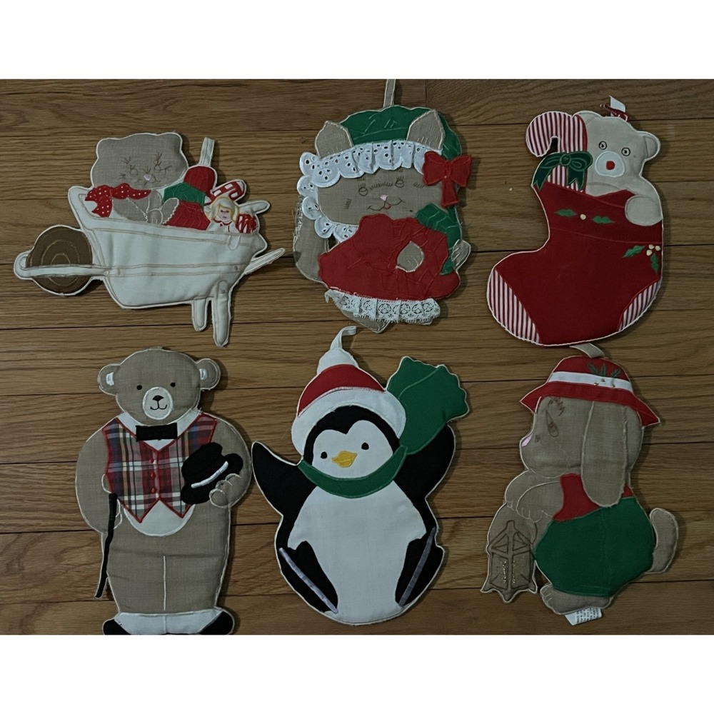 Vintage 60s 70s Christmas Fabric Ornaments Wall Hanging Lot 6 Bear Penguin Bunny